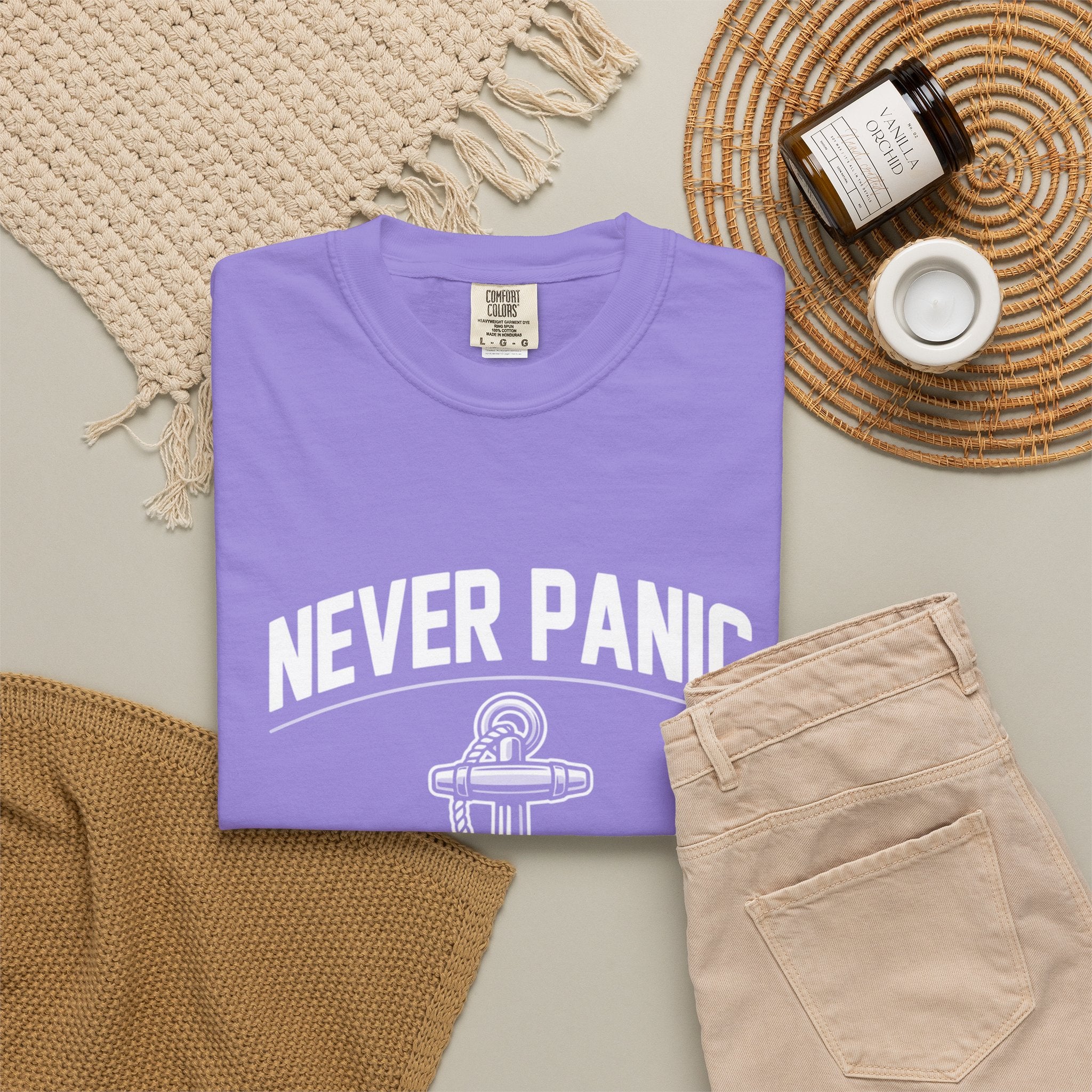 T-Shirt — "Never Panic Just Pray" Anchor Christian Faith Tee