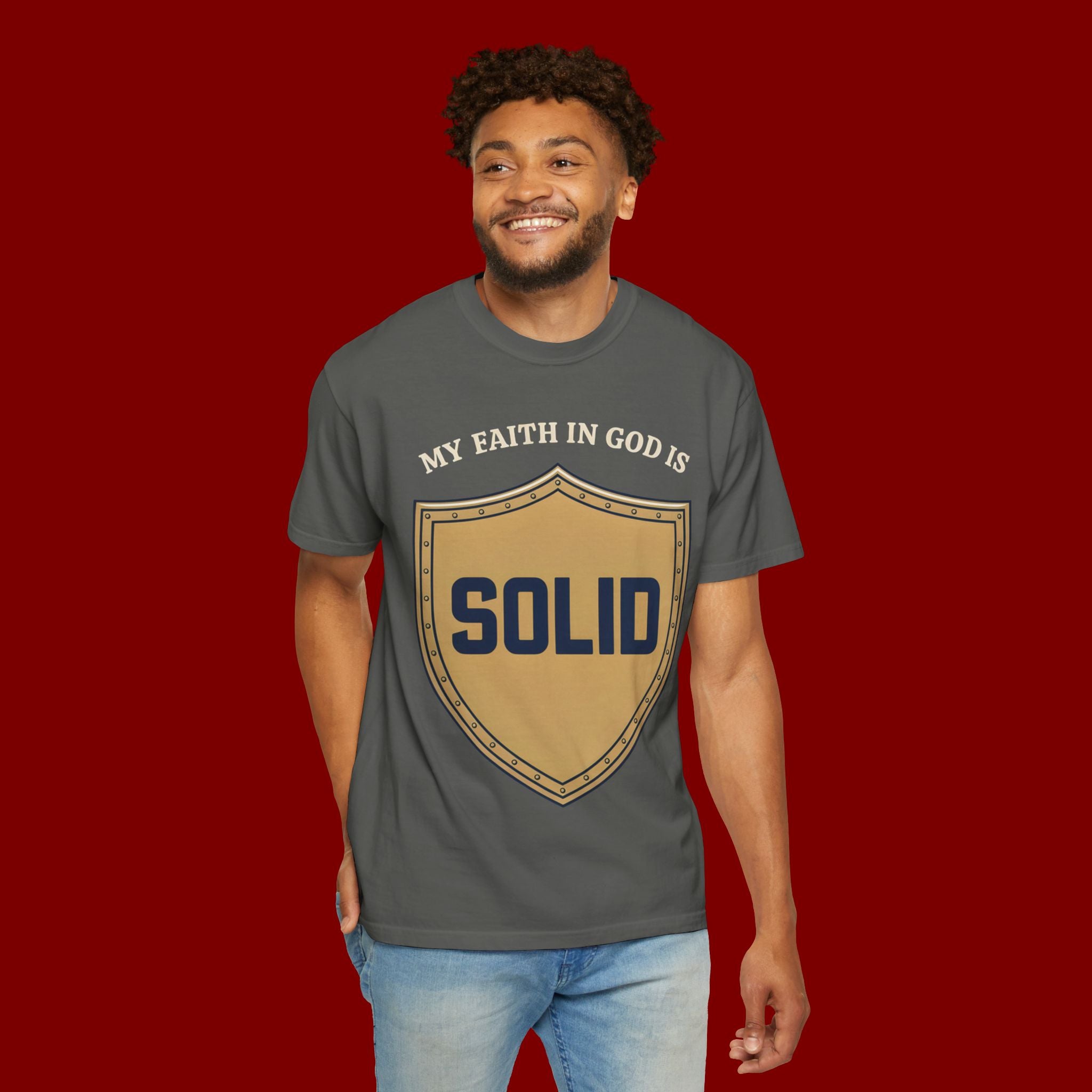 Solid Faith Shield T-Shirt — "My Faith in God Is Solid" Christian Tee