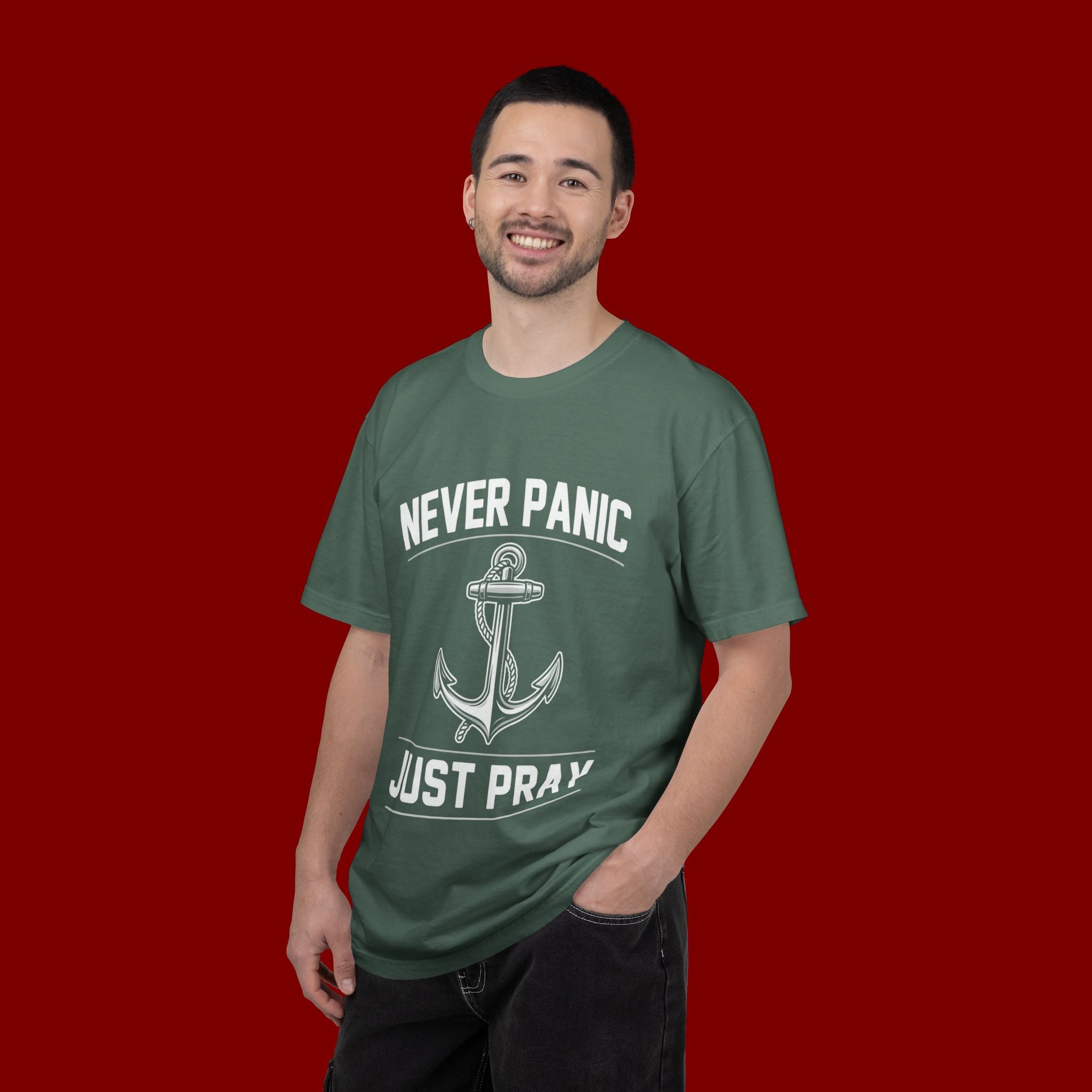 T-Shirt — "Never Panic Just Pray" Anchor Christian Faith Tee