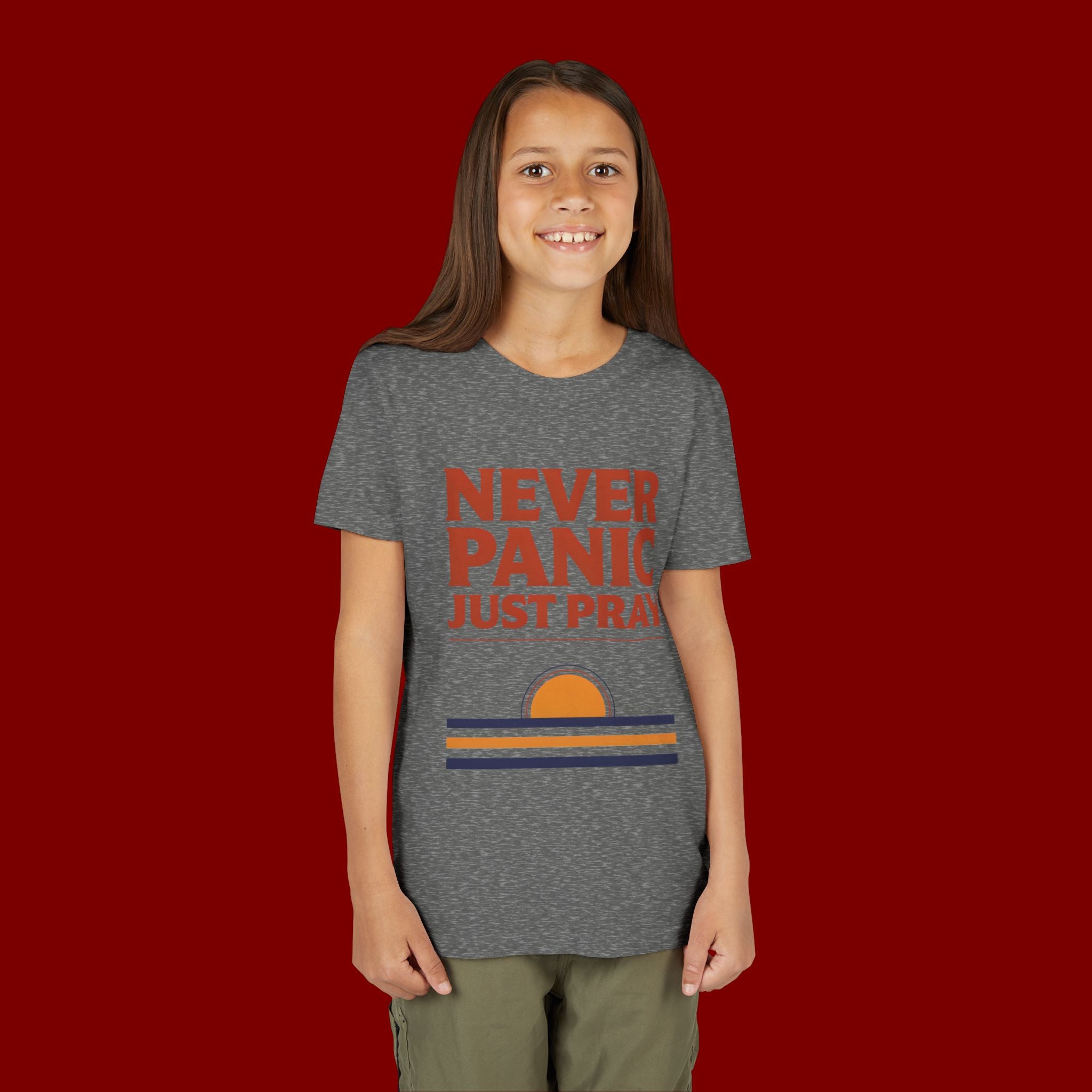 Youth Tee — "Never Panic Just Pray" Retro Sunset Kids T-Shirt