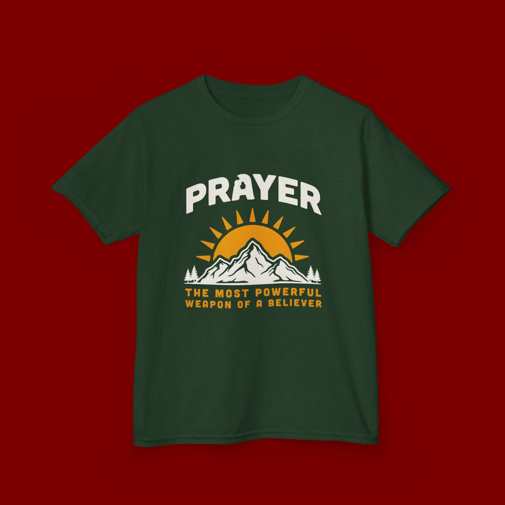 Kids Tee — "Prayer: The Most Powerful Weapon of a Believer" Mountain Sun Graphic