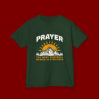 Kids Tee — "Prayer: The Most Powerful Weapon of a Believer" Mountain Sun Graphic