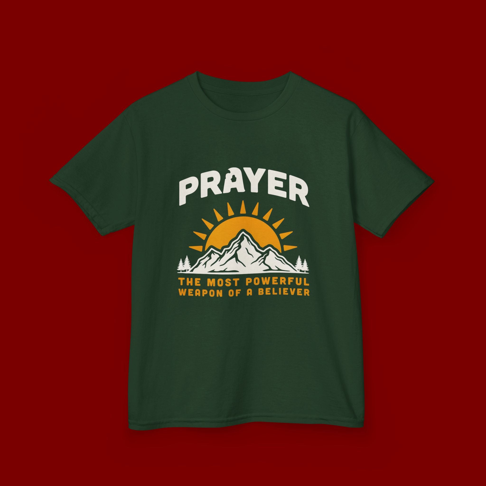 Kids Tee — "Prayer: The Most Powerful Weapon of a Believer" Mountain Sun Graphic