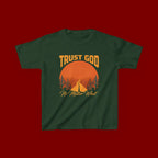 Kids Tee — "Trust God No Matter What" Sunset Camping Graphic