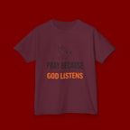Kids T-Shirt — "Pray Because God Listens" Christian Faith Tee with Dove Graphic