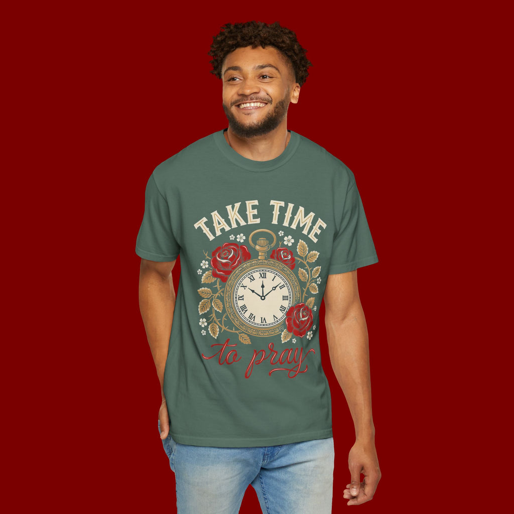 Take Time to Pray Pocket Watch T-Shirt — Faith-Based Floral Christian Tee