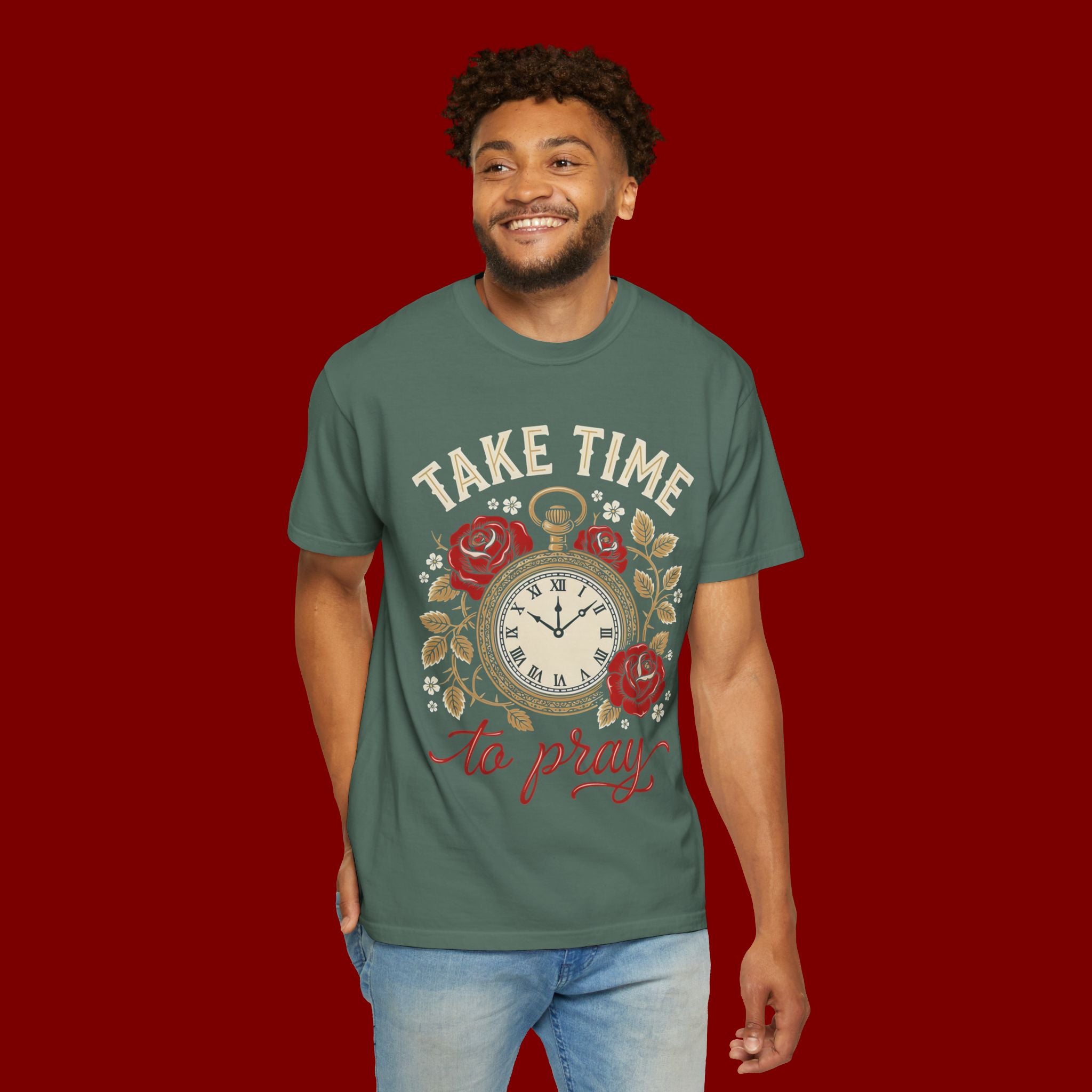 Take Time to Pray Pocket Watch T-Shirt — Faith-Based Floral Christian Tee