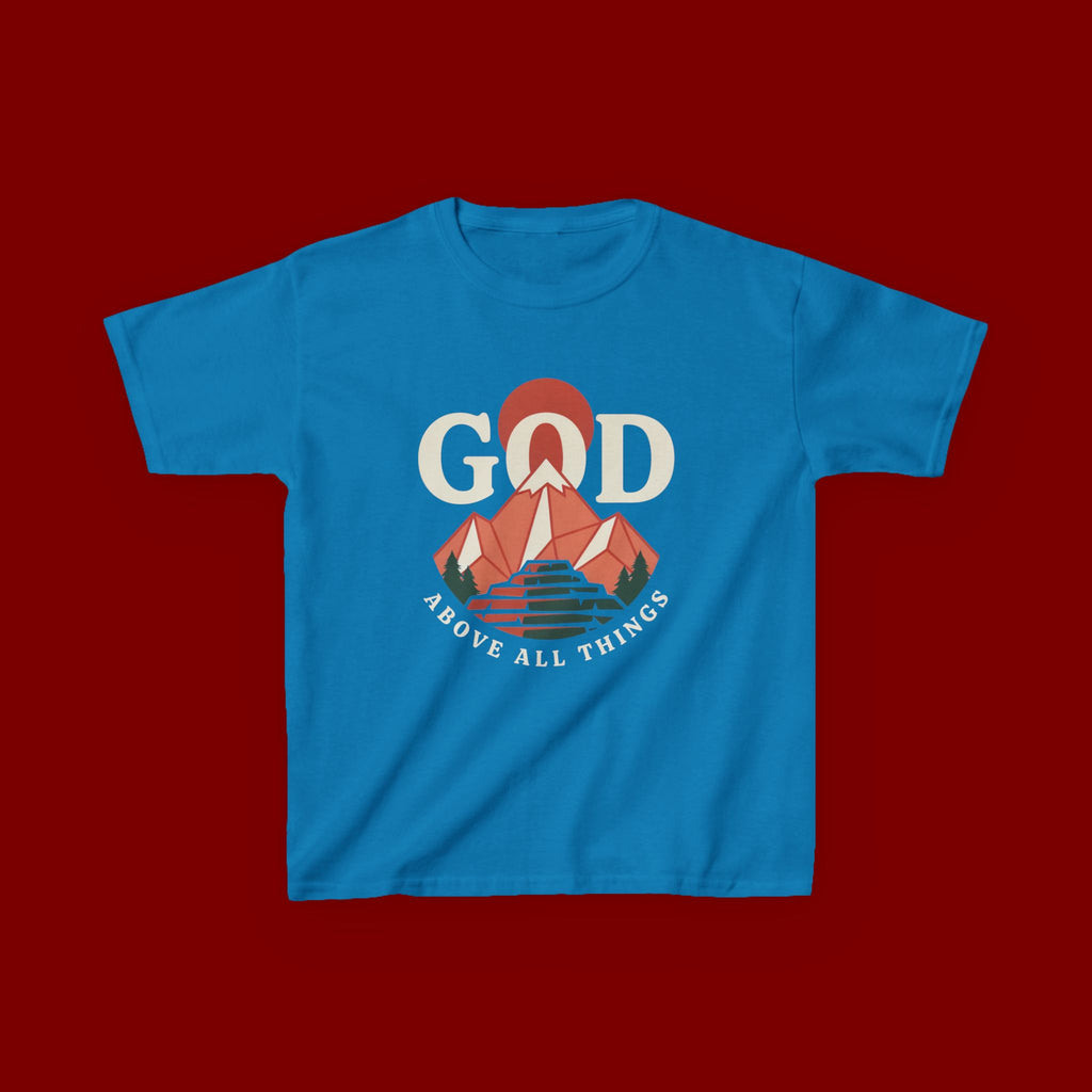 Kids Tee – 'GOD' Mountain Sunrise Faith Graphic
