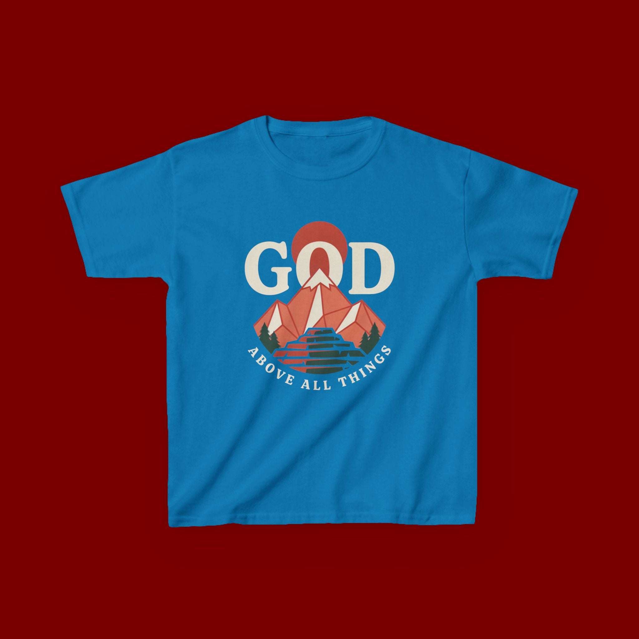 Kids Tee – 'GOD' Mountain Sunrise Faith Graphic