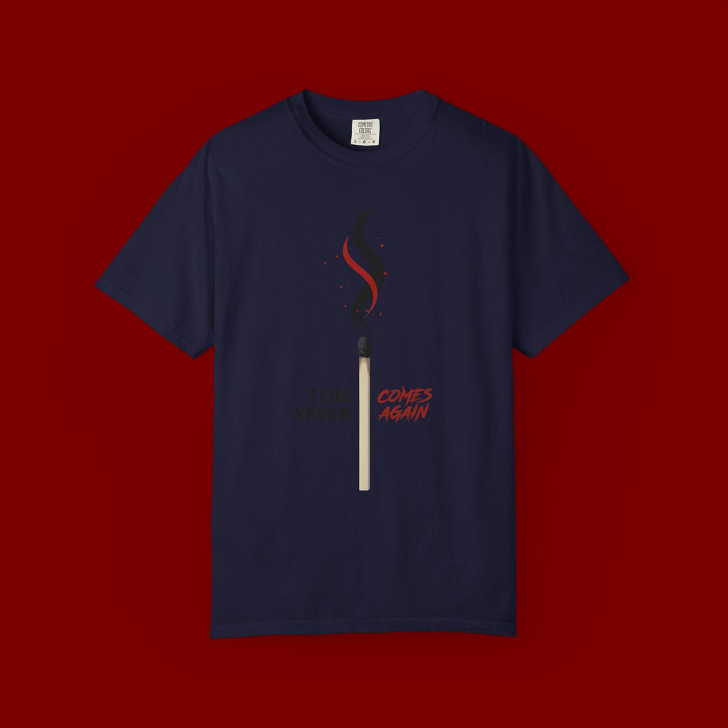 Matchstick Graphic Tee — "Time Never" Minimalist Smoky Design