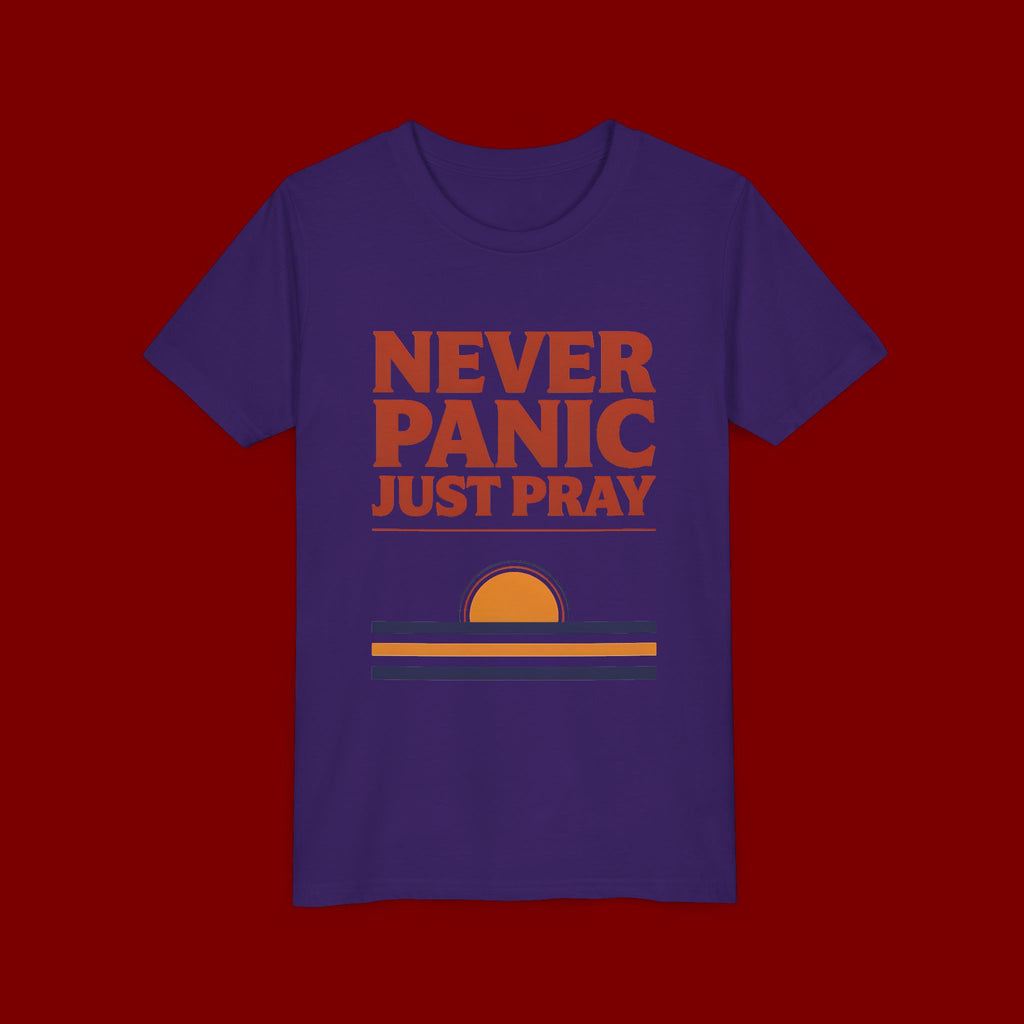 Youth Tee — "Never Panic Just Pray" Retro Sunset Kids T-Shirt