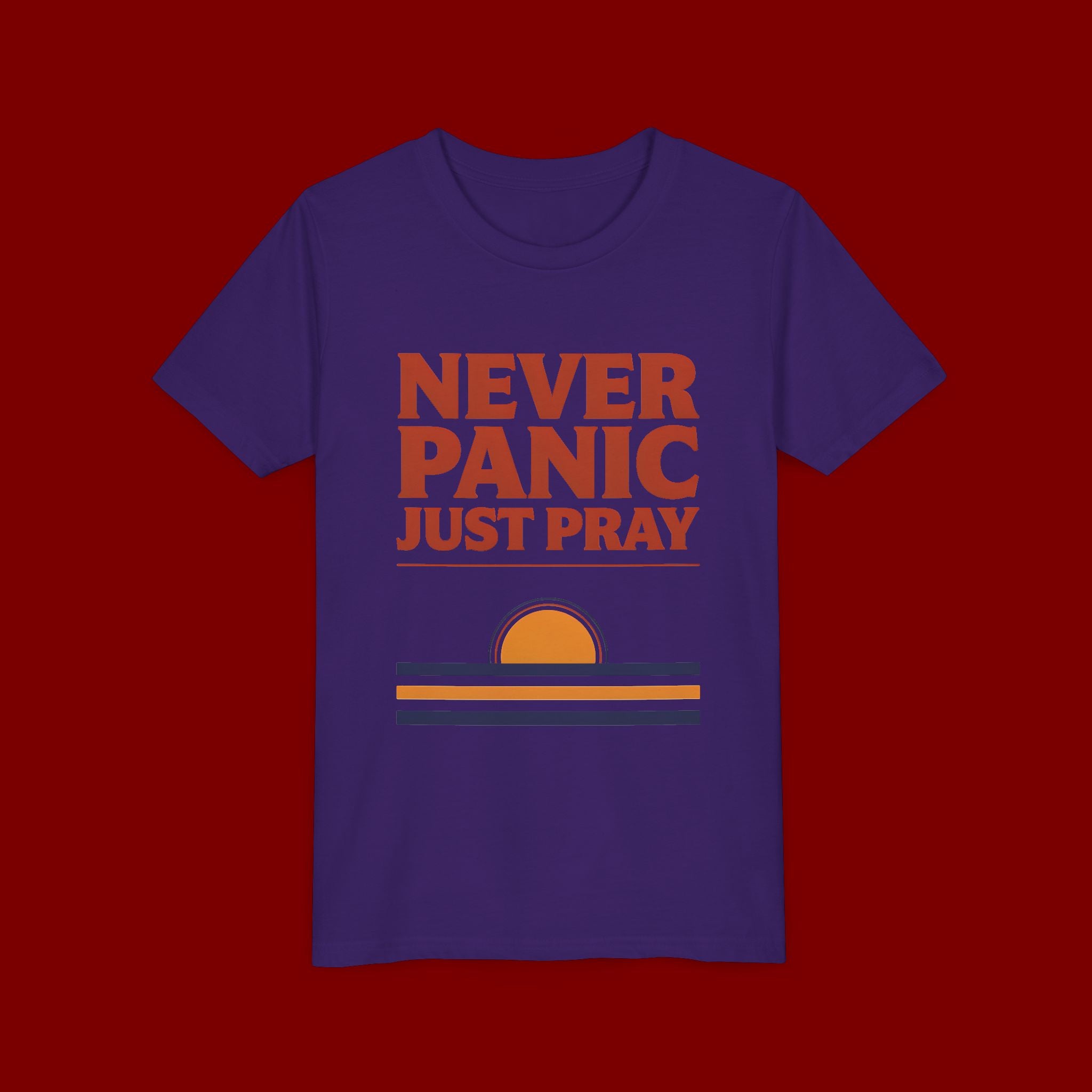 Youth Tee — "Never Panic Just Pray" Retro Sunset Kids T-Shirt