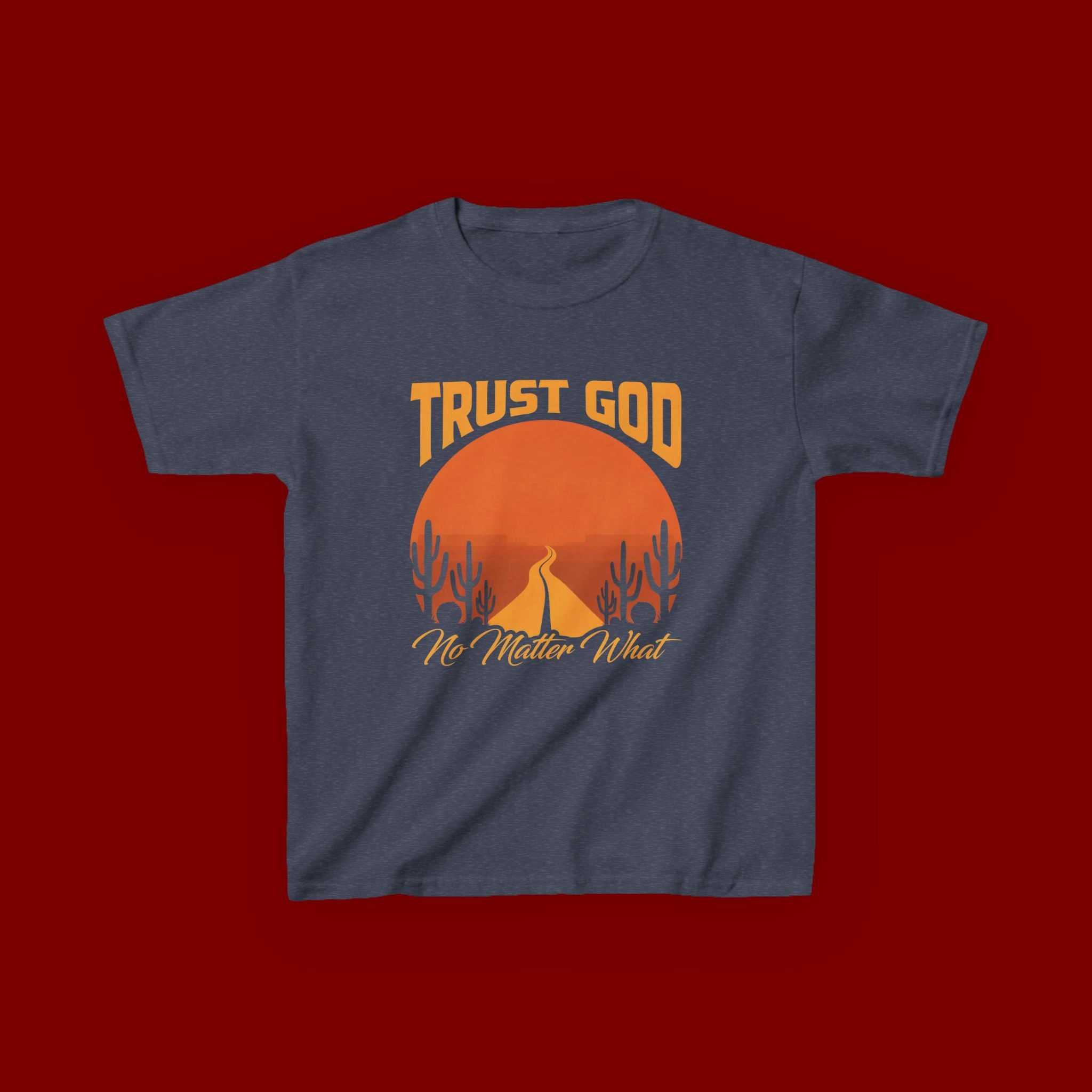 Kids Tee — "Trust God No Matter What" Sunset Camping Graphic