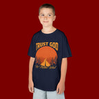 Kids Tee — "Trust God No Matter What" Sunset Camping Graphic