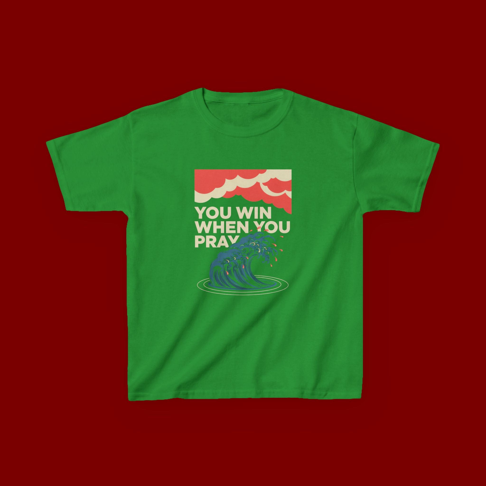 Kids Tee – “You Win When You Pray” Retro Wave Ocean Graphic