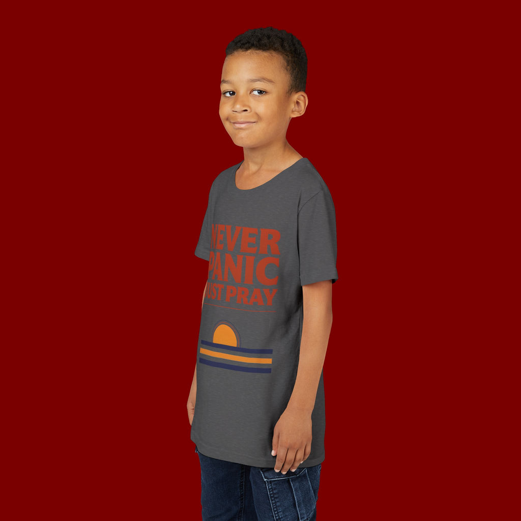 Youth Tee — "Never Panic Just Pray" Retro Sunset Kids T-Shirt