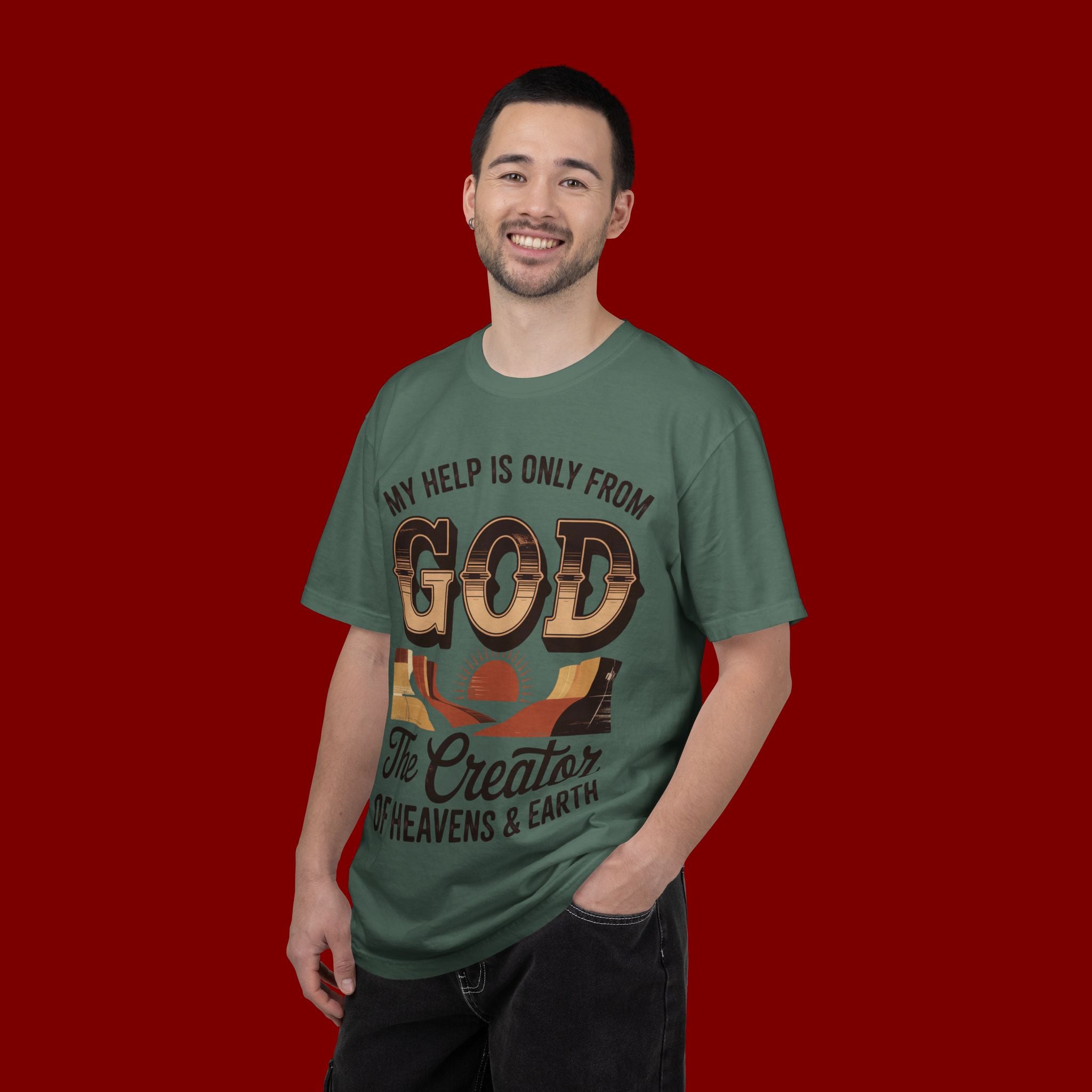 Christian T-Shirt — “My Help Is Only From God, The Creator of Heavens & Earth” Retro Faith Tee