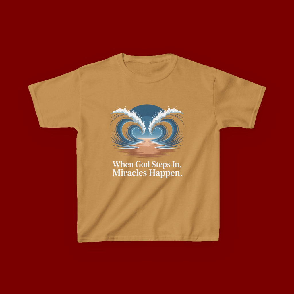 Kids Tee — “When God Steps In, Miracles Happen” Wave Heart Faith Shirt