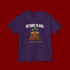 Return to God Kids T-Shirt – Tree Stump with Sprout, “It’s Never Too Late” Inspirational Youth Tee