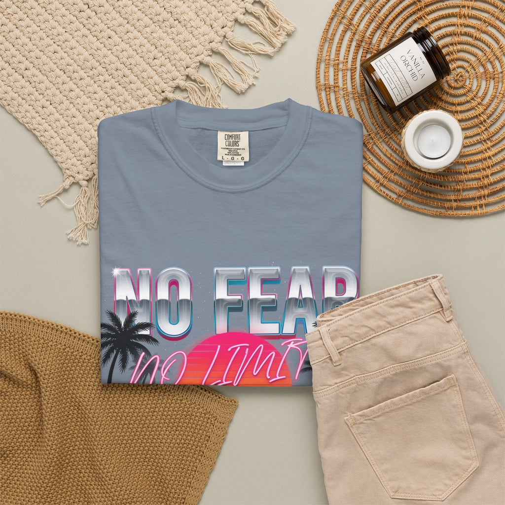 No Fear, No Excuses T-Shirt — Retro Sunset Palm Graphic Tee