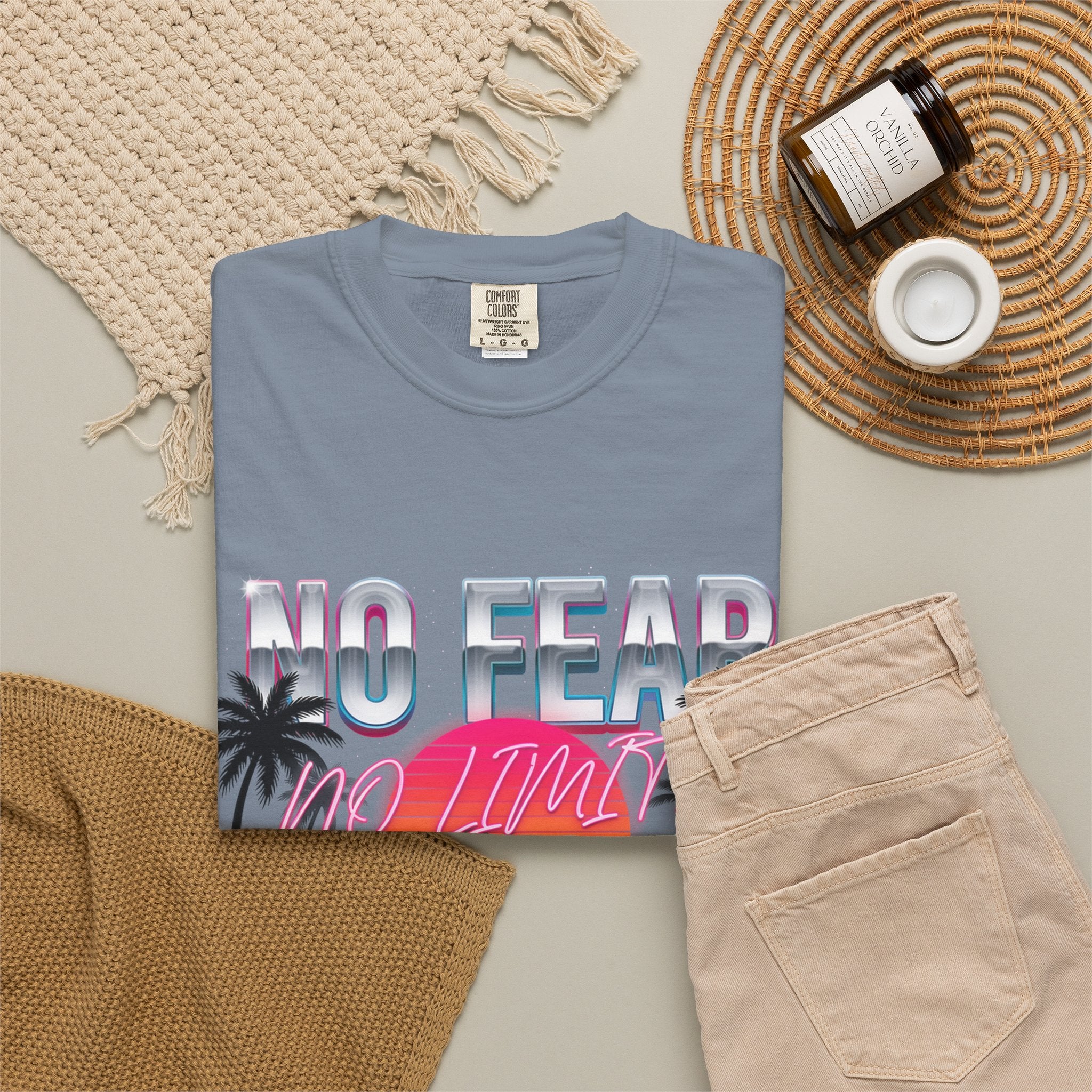 No Fear, No Excuses T-Shirt — Retro Sunset Palm Graphic Tee