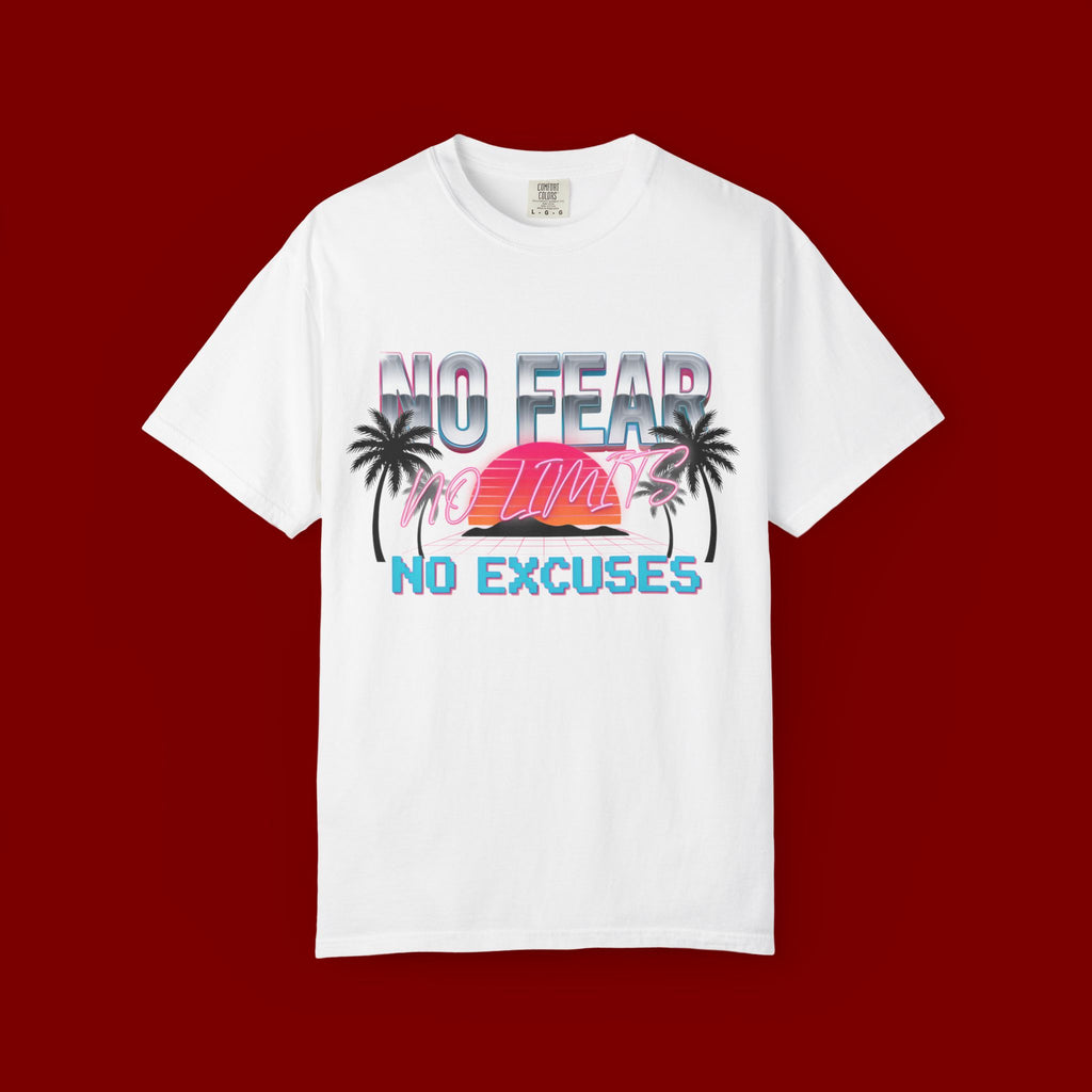 No Fear, No Excuses T-Shirt — Retro Sunset Palm Graphic Tee