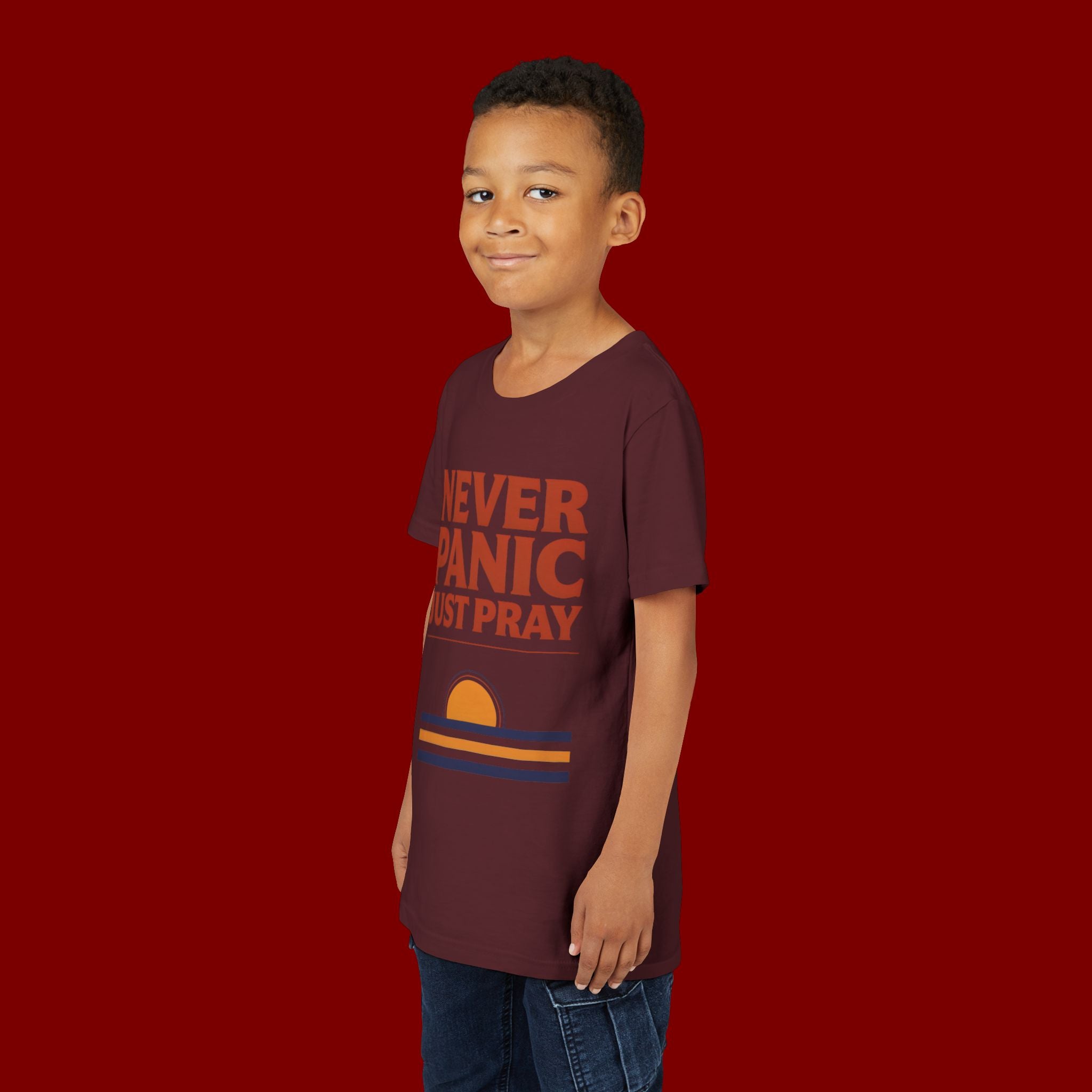 Youth Tee — "Never Panic Just Pray" Retro Sunset Kids T-Shirt