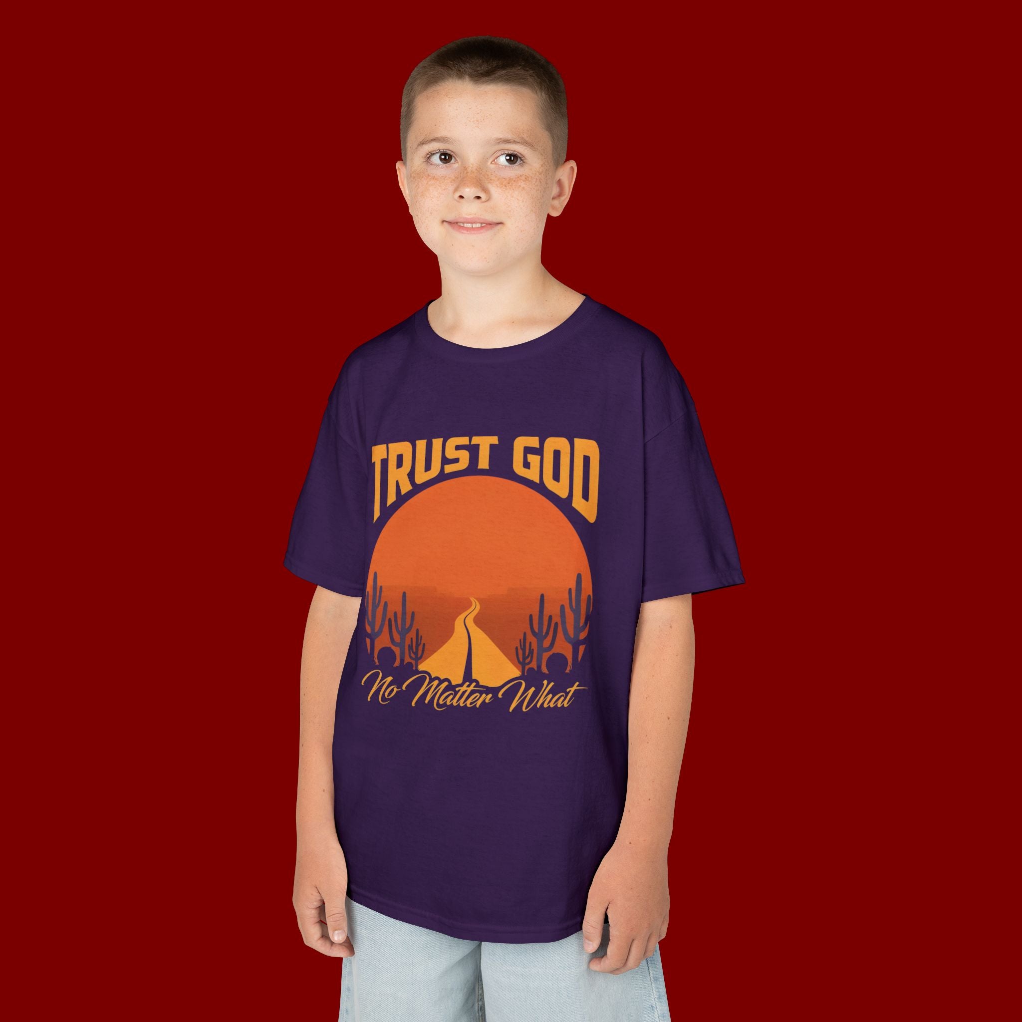 Kids Tee — "Trust God No Matter What" Sunset Camping Graphic