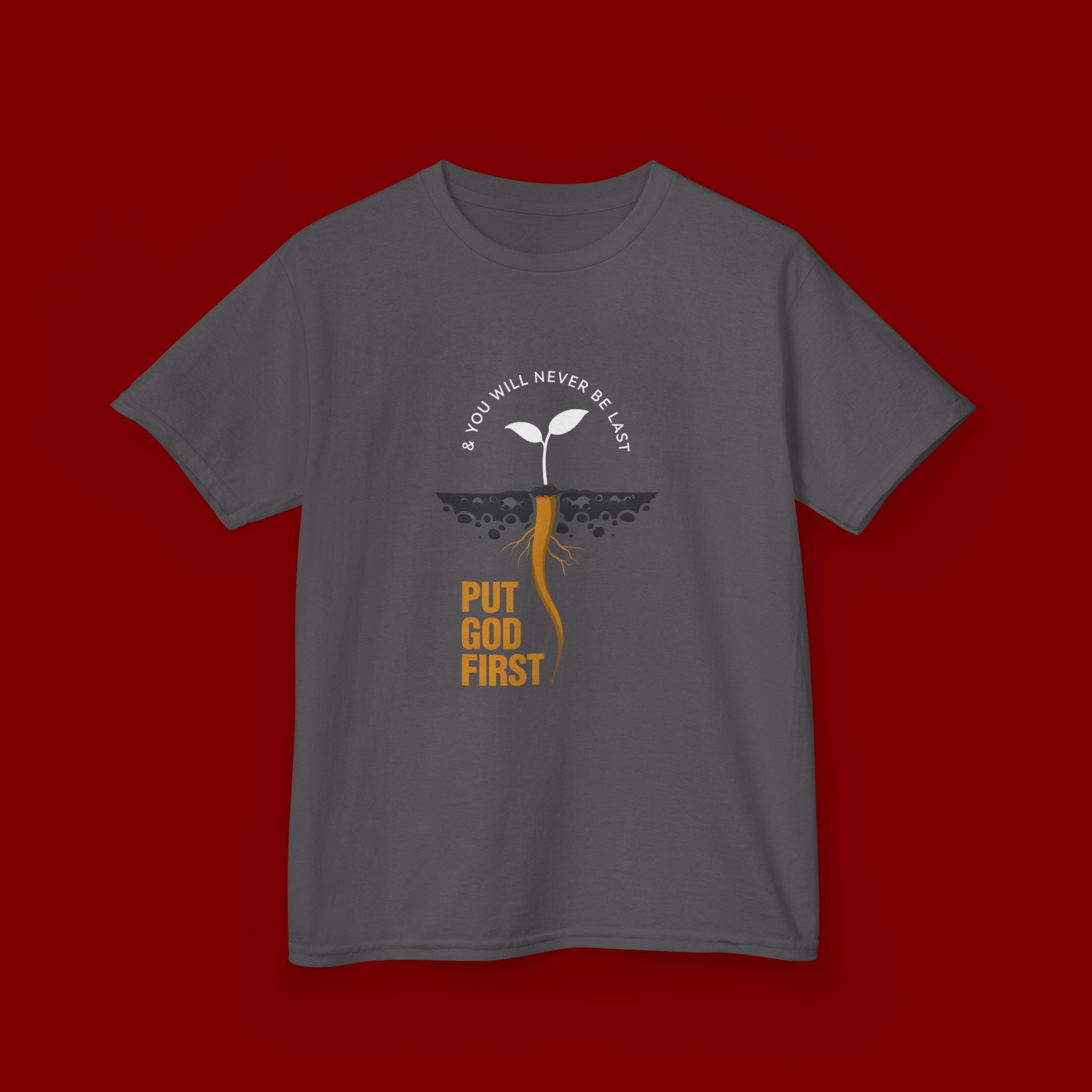 Kids T‑Shirt — 'Put God First' Religious Sprout Graphic Tee (Christian Youth)