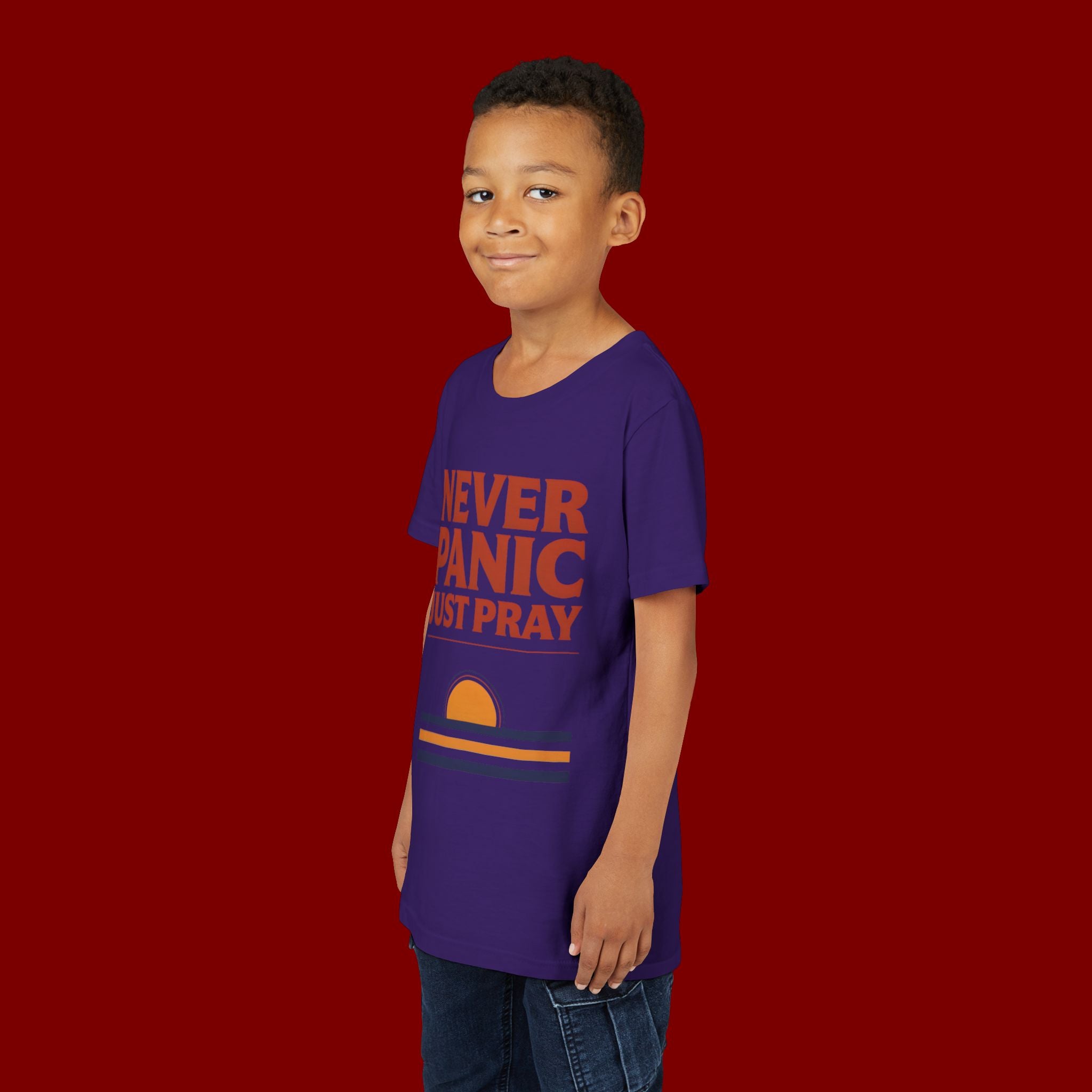 Youth Tee — "Never Panic Just Pray" Retro Sunset Kids T-Shirt