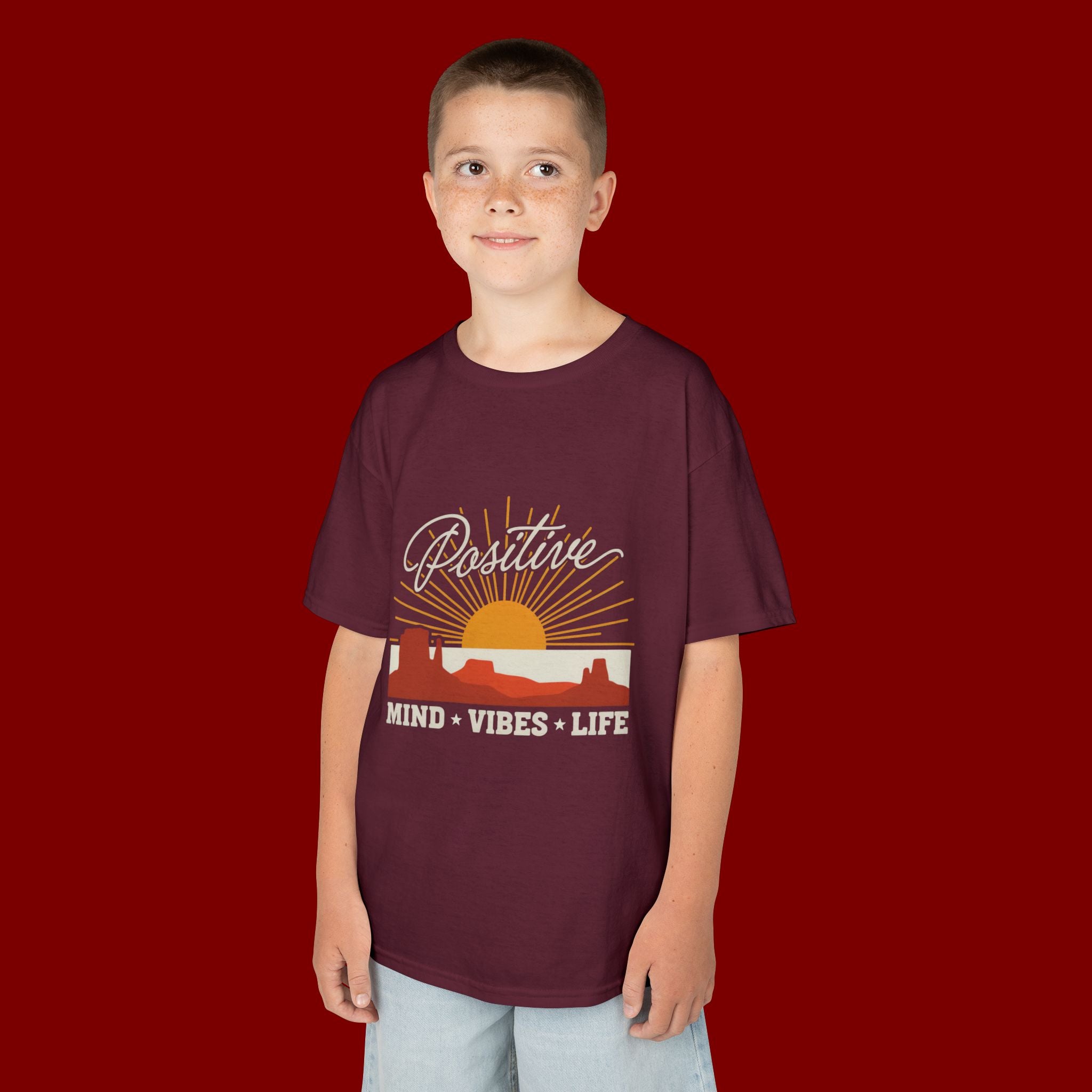 Kids T-Shirt - "Positive" Retro Sunrise Tee (Mind • Vibes • Life)
