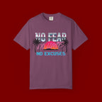 No Fear, No Excuses T-Shirt — Retro Sunset Palm Graphic Tee