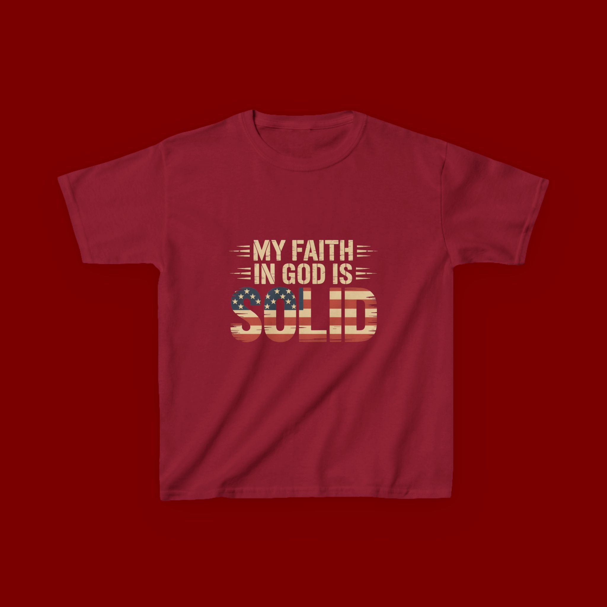 Kids Tee — "My Faith in God is Solid" Patriotic Christian T-Shirt