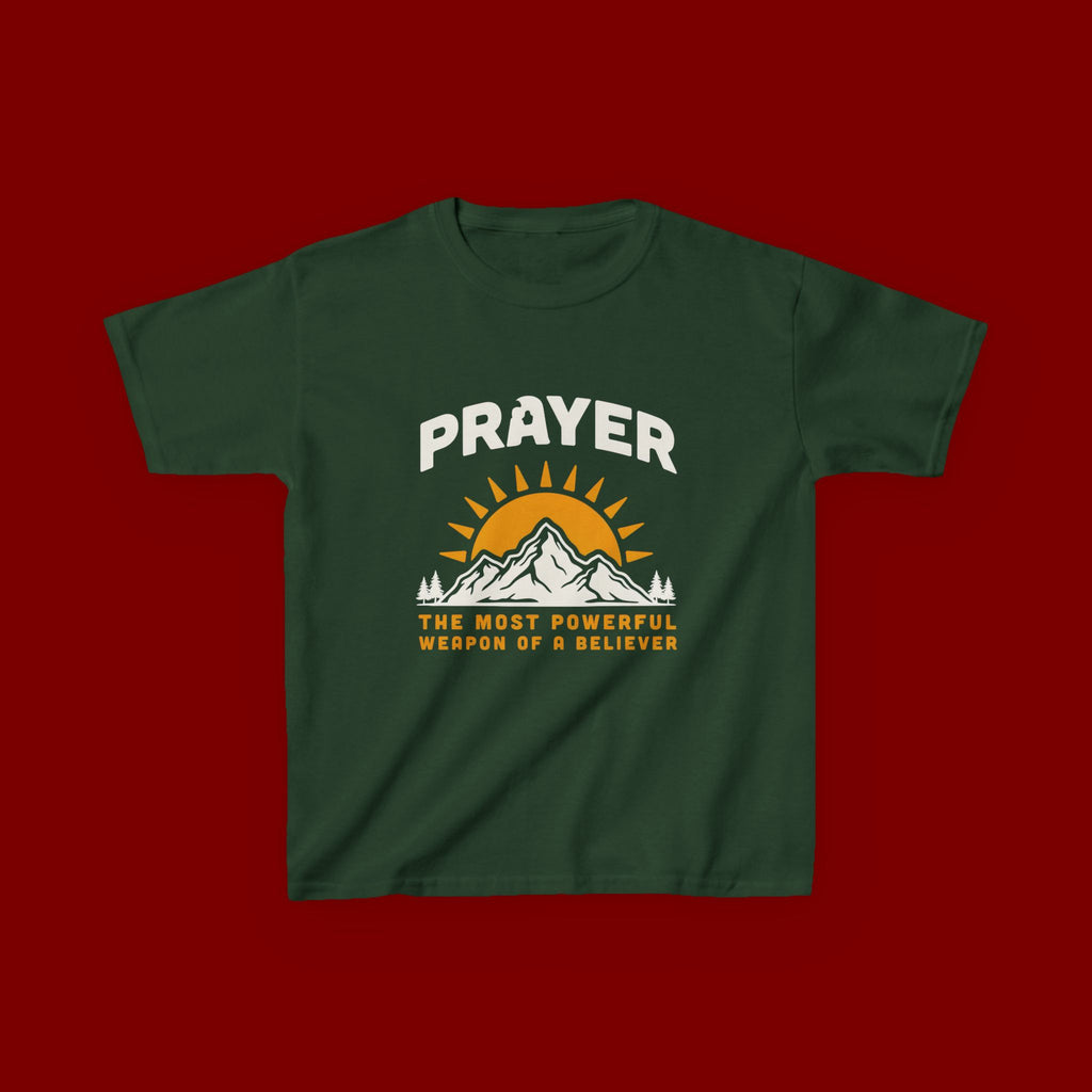 Kids Tee — "Prayer: The Most Powerful Weapon of a Believer" Mountain Sun Graphic