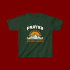 Kids Tee — "Prayer: The Most Powerful Weapon of a Believer" Mountain Sun Graphic