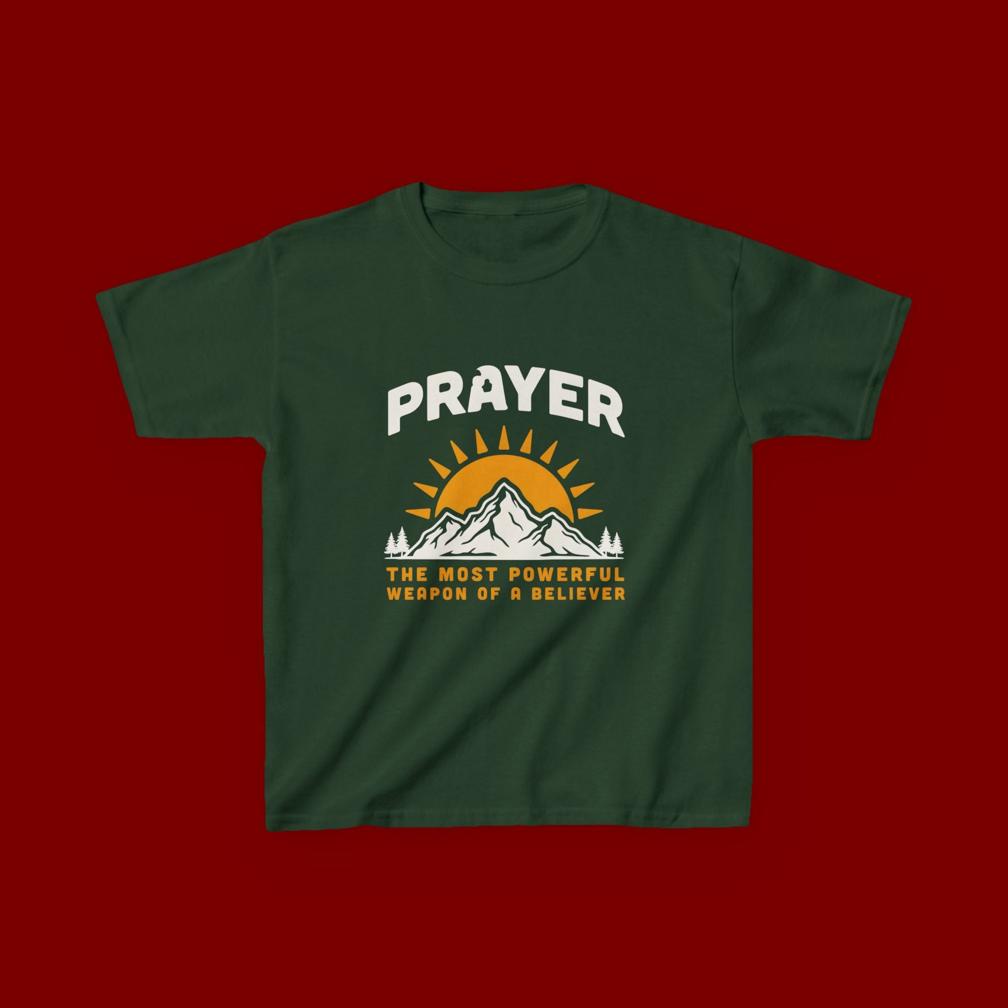 Kids Tee — "Prayer: The Most Powerful Weapon of a Believer" Mountain Sun Graphic