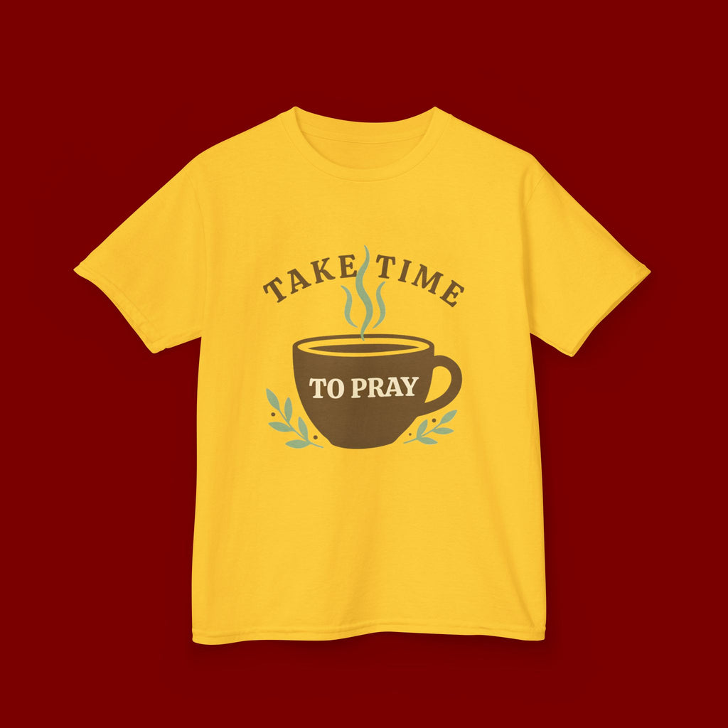 Kids Tee — "Take Time to Pray" Coffee Cup Faith Graphic