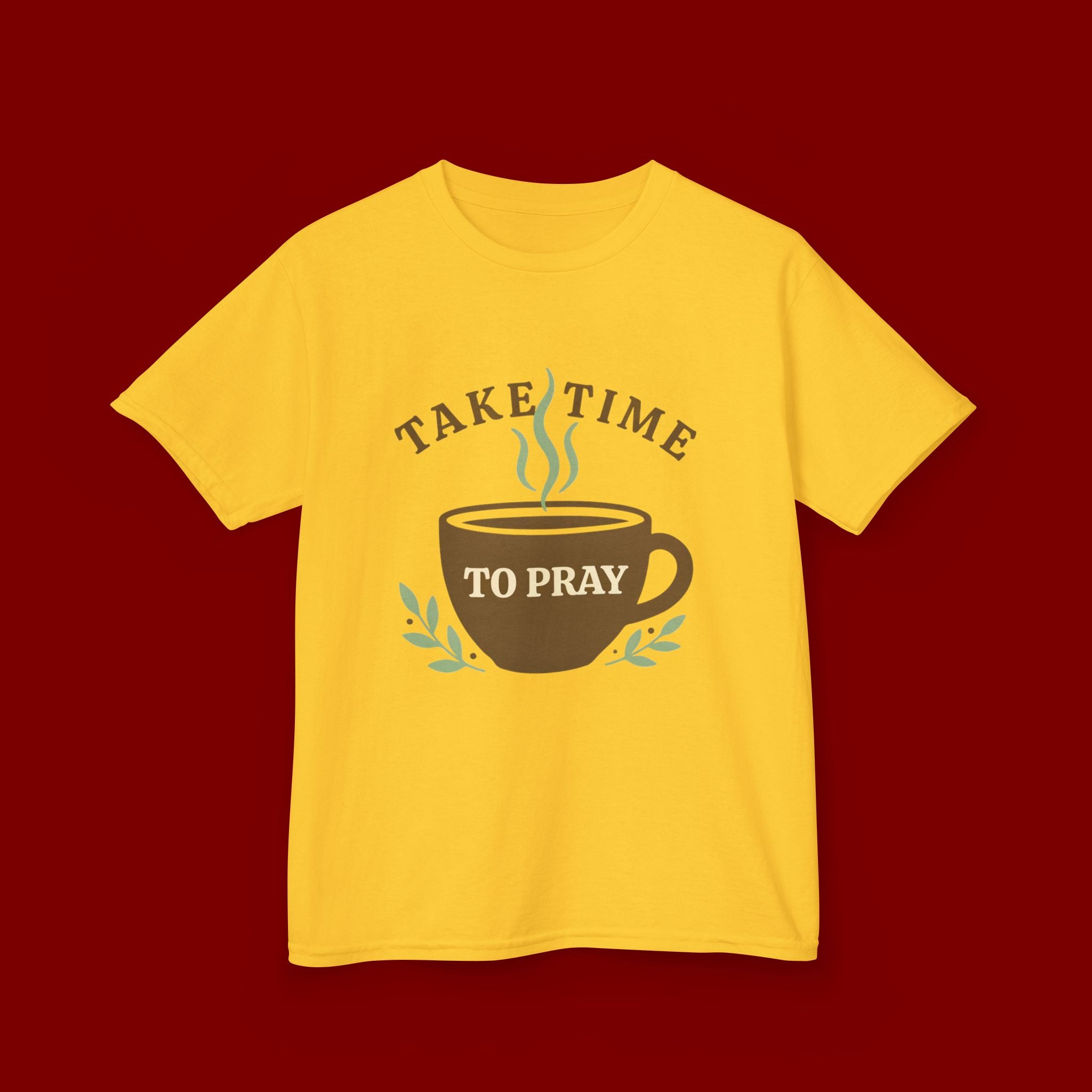 Kids Tee — "Take Time to Pray" Coffee Cup Faith Graphic