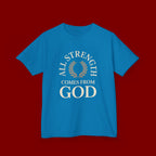 Kids T-Shirt – "All Strength Comes From God" Faith Tee for Boys & Girls