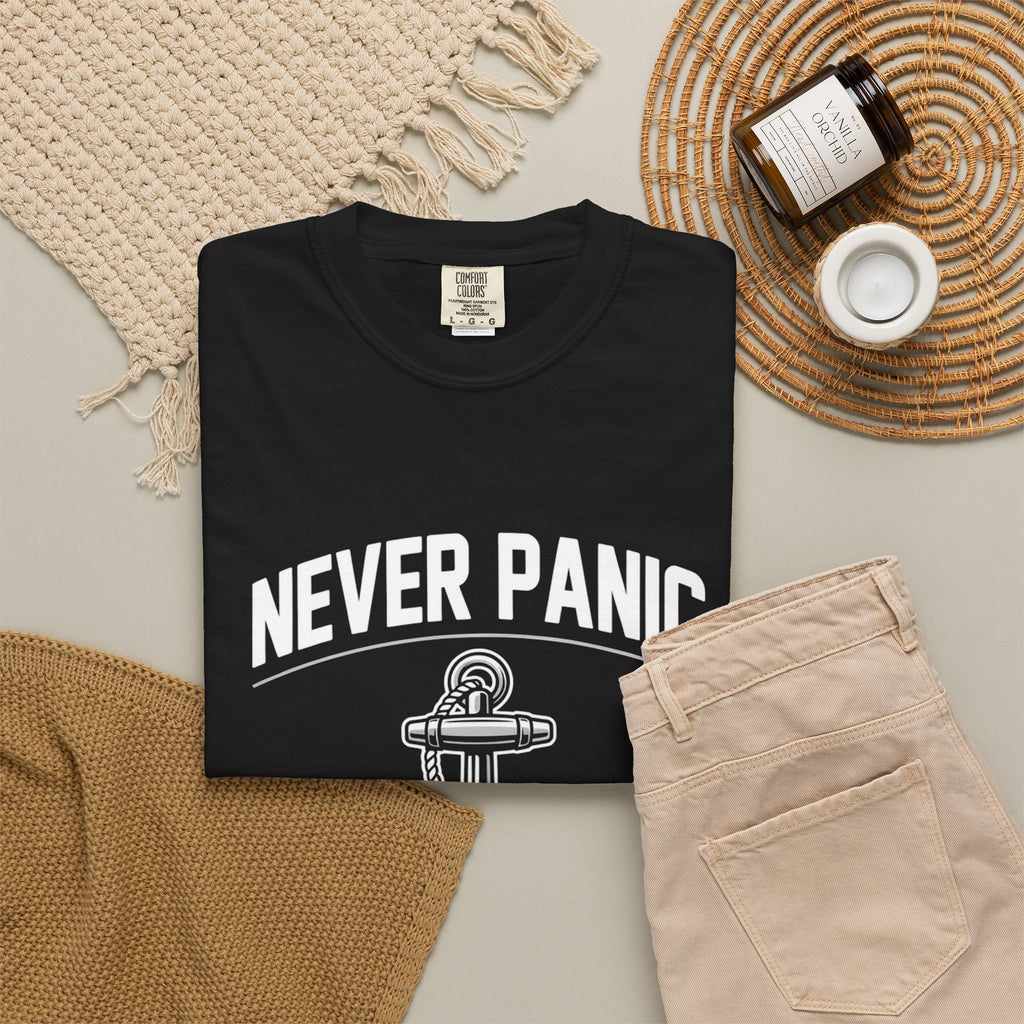 T-Shirt — "Never Panic Just Pray" Anchor Christian Faith Tee