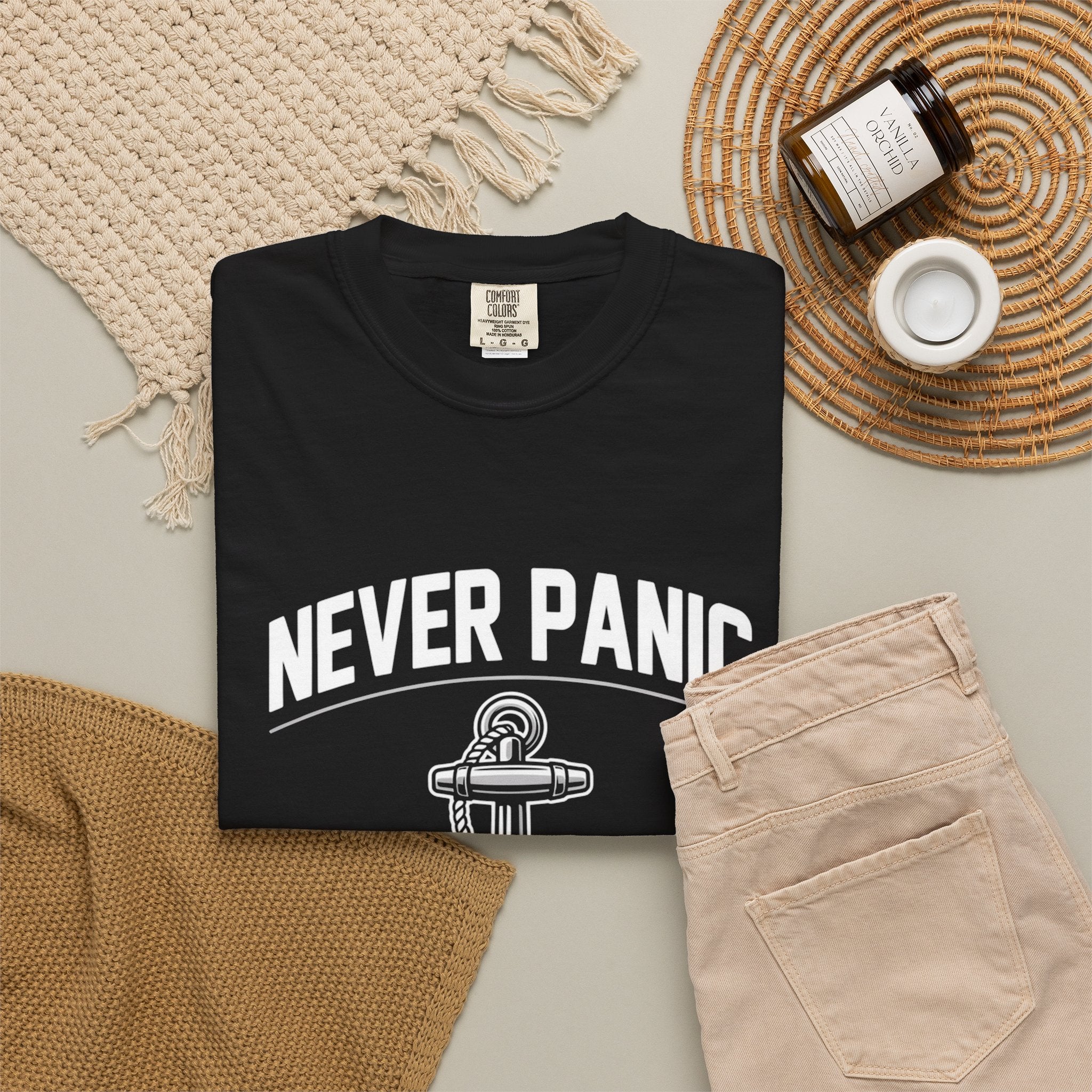 T-Shirt — "Never Panic Just Pray" Anchor Christian Faith Tee