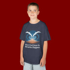 Kids Tee — “When God Steps In, Miracles Happen” Wave Heart Faith Shirt