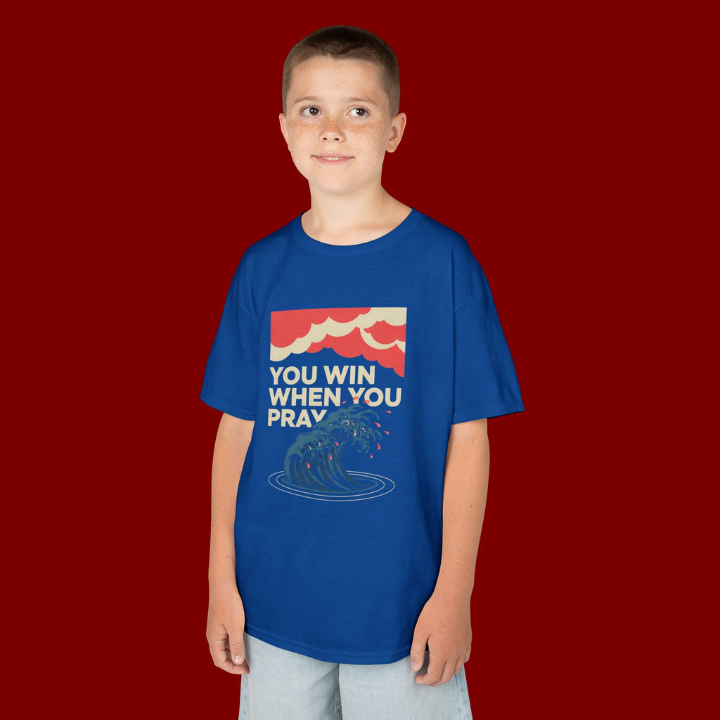 Kids Tee – “You Win When You Pray” Retro Wave Ocean Graphic