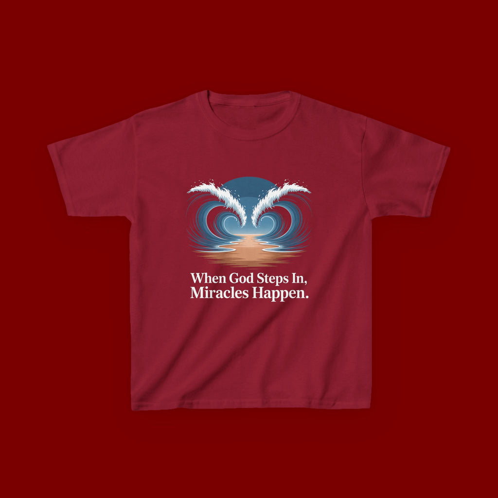 Kids Tee — “When God Steps In, Miracles Happen” Wave Heart Faith Shirt