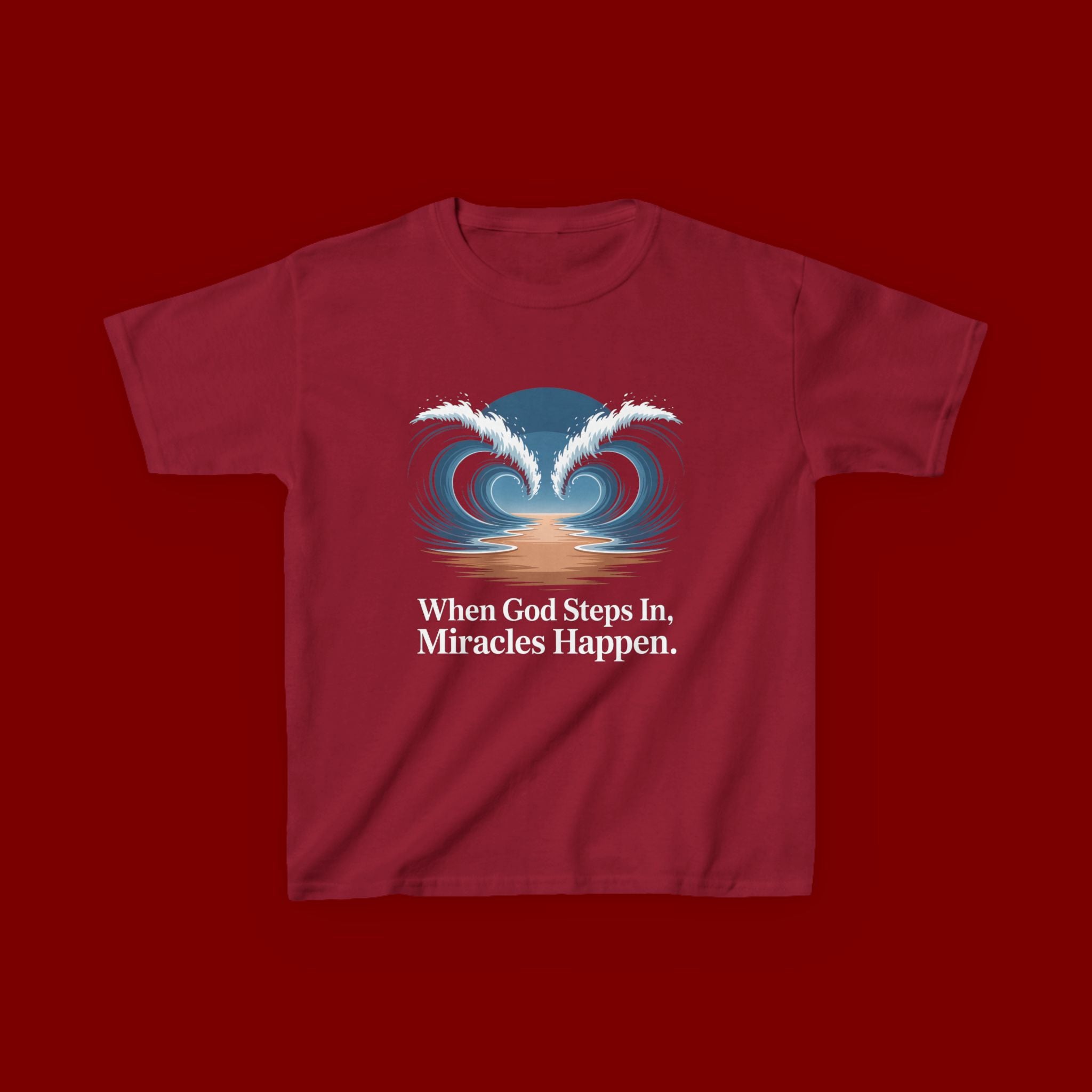 Kids Tee — “When God Steps In, Miracles Happen” Wave Heart Faith Shirt