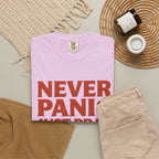 Never Panic Just Pray T‑Shirt — Retro Sunset Faith Tee