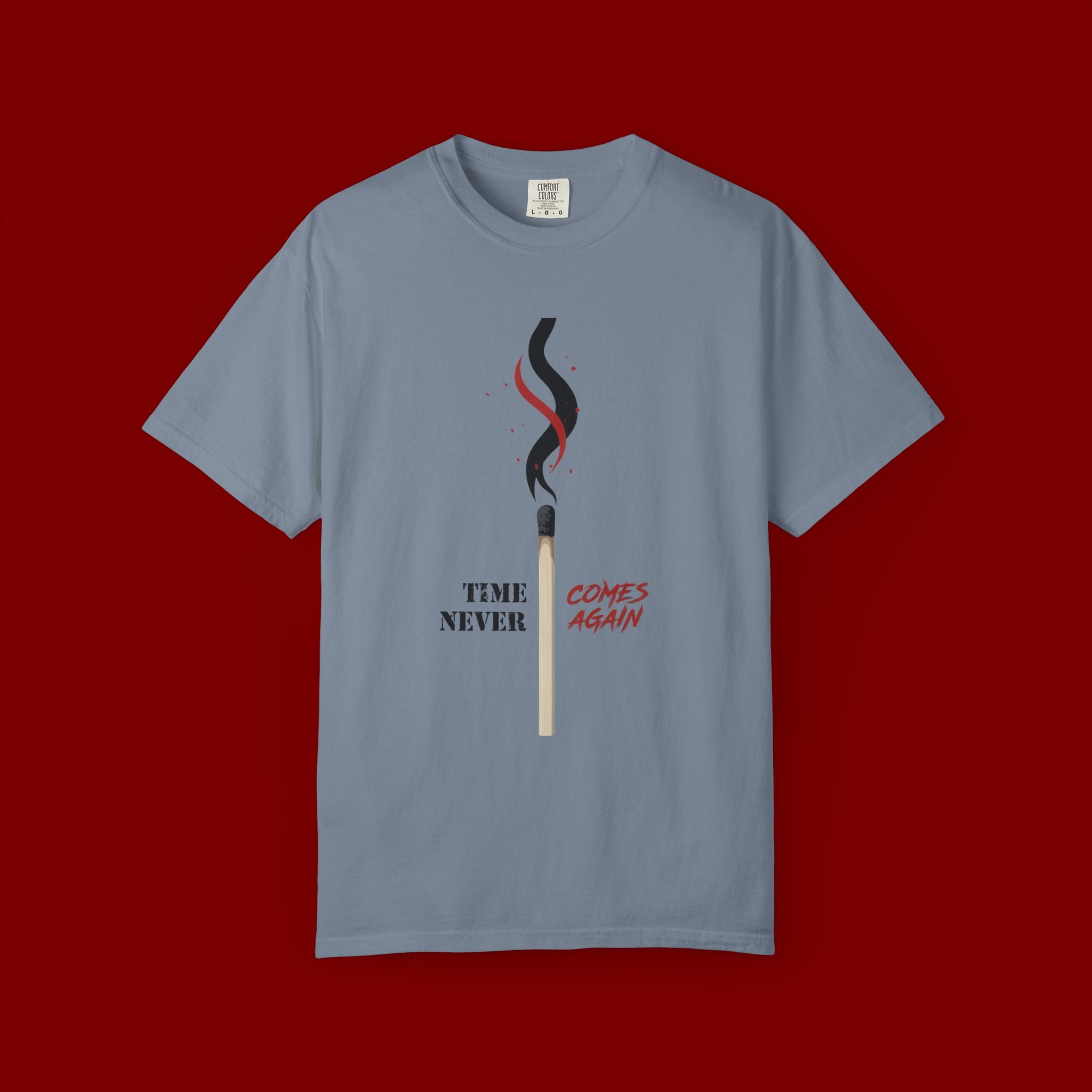 Matchstick Graphic Tee — "Time Never" Minimalist Smoky Design
