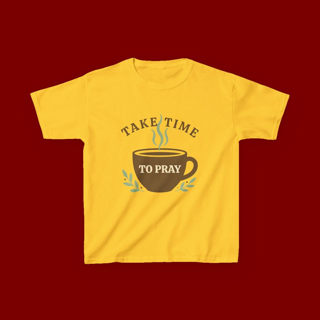 Kids Tee — "Take Time to Pray" Coffee Cup Faith Graphic