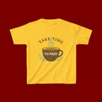 Kids Tee — "Take Time to Pray" Coffee Cup Faith Graphic