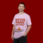 Never Panic Just Pray T‑Shirt — Retro Sunset Faith Tee